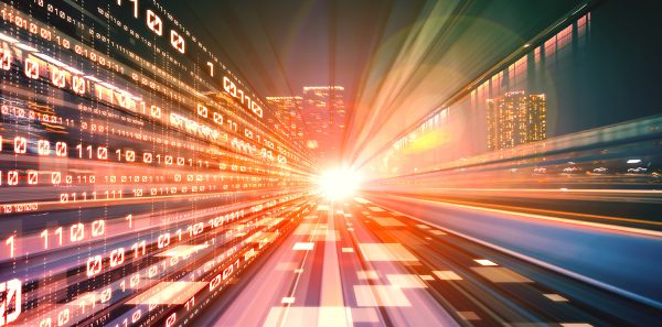 Digital data flow on road with motion blur to create vision of fast speed transfer . Concept of future digital transformation , disruptive innovation and agile business methodology.